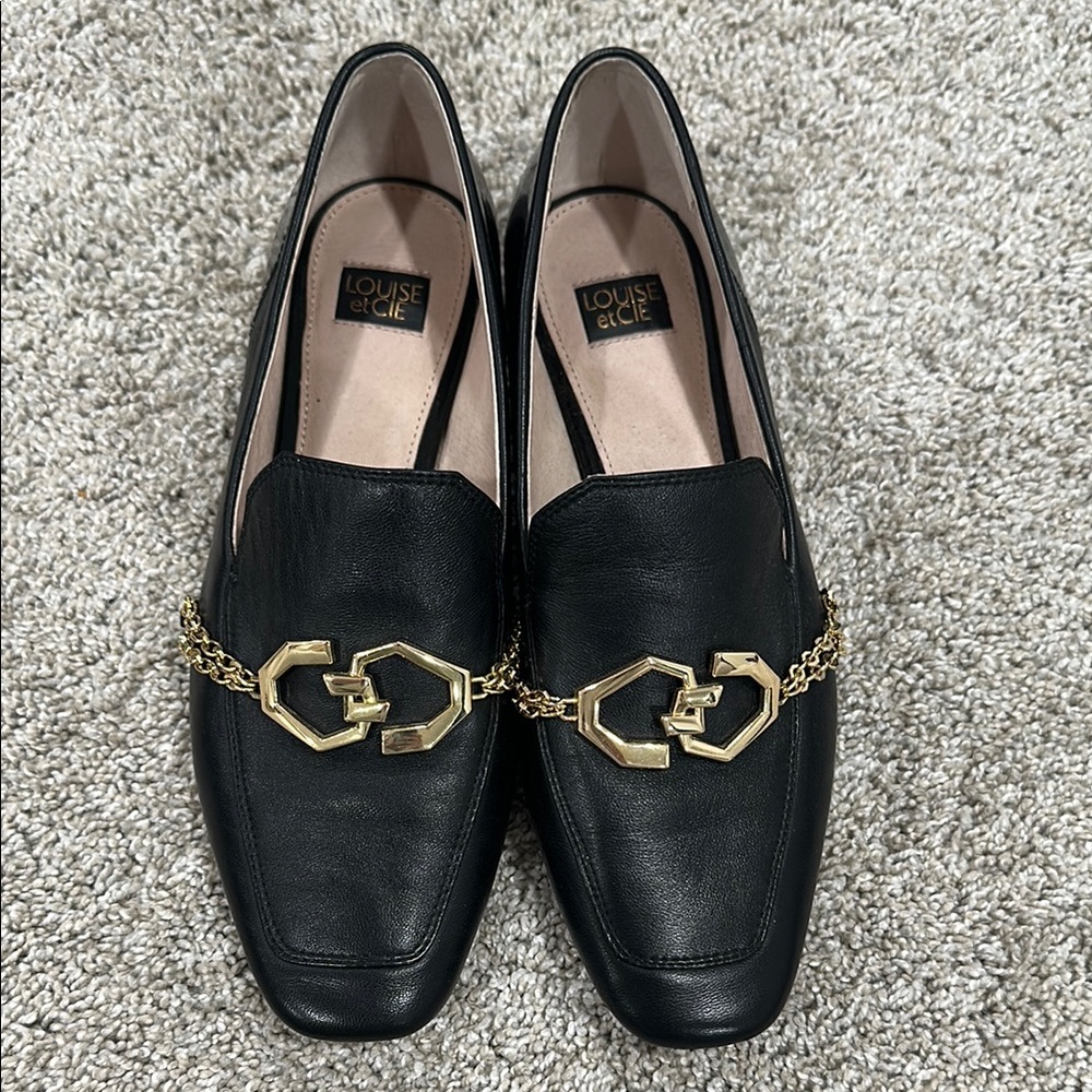 Louise et Cie Black Leather Loafers with Gold Chain